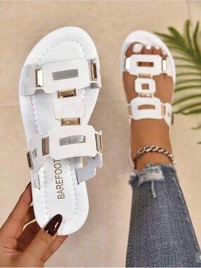 White Slide Sandals with Gold Accents